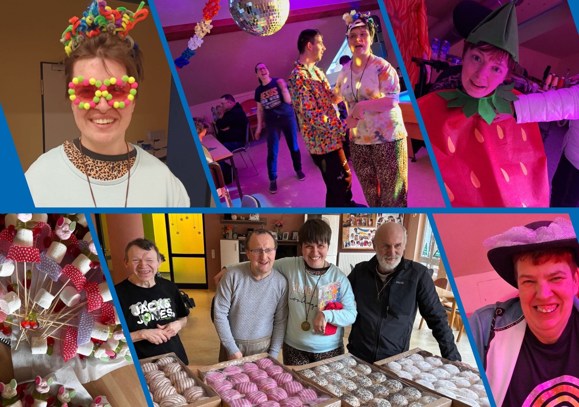 Collage aus Faschingsbildern mit tanzenden Menschen und schönen Kostümen.