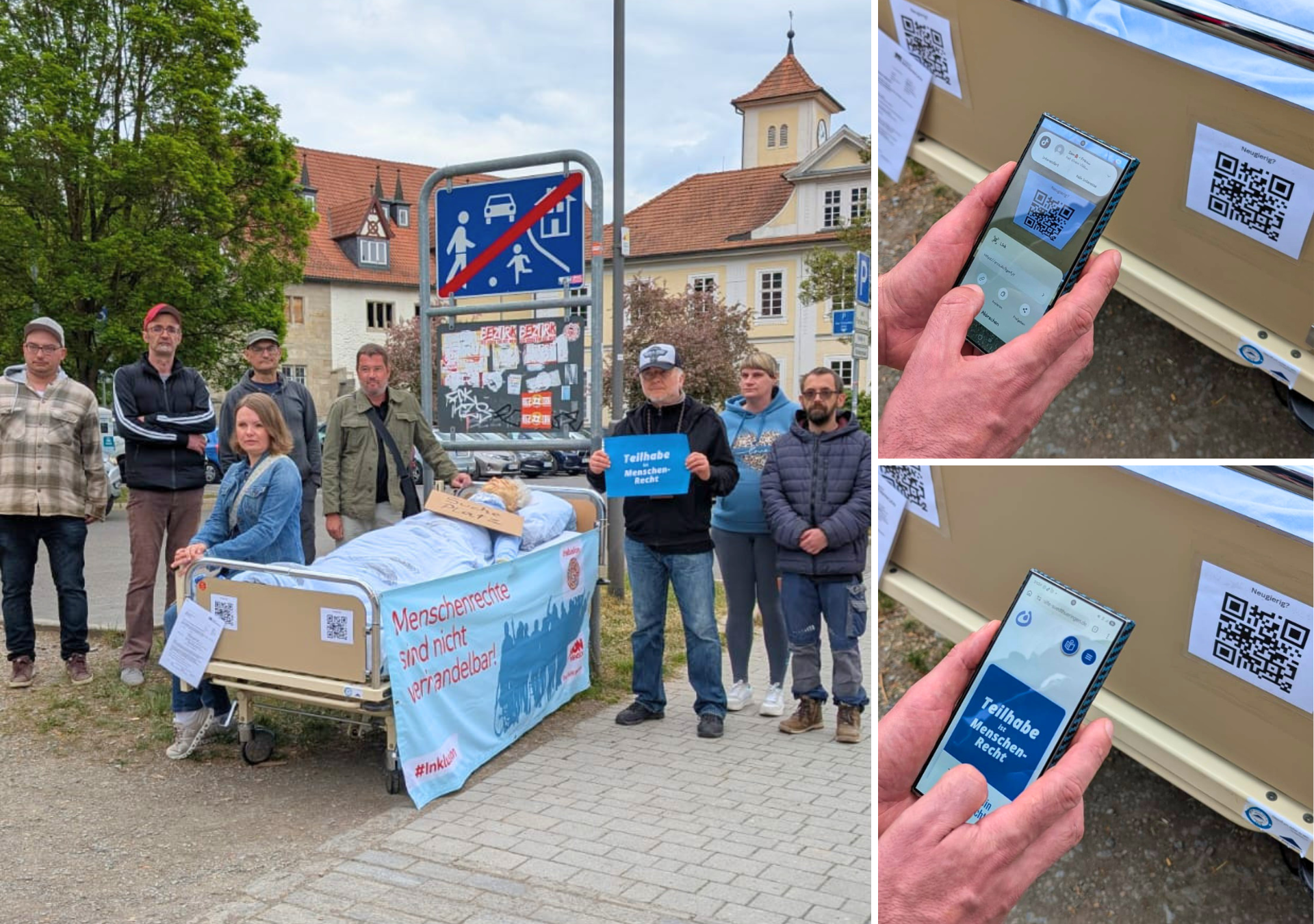 QR-Codes an Pflegebett und Rollstuhl führen zu Informationen über die Petition 